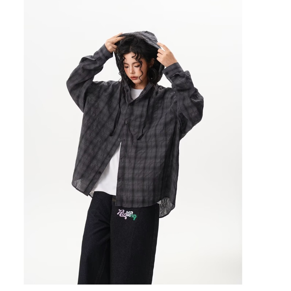 Gray Hooded Plaid Long-Sleeved Shirt for Men, High-End, Handsome, Thin Shirt, Loose, Lazy and Drapedy Casual Jacket