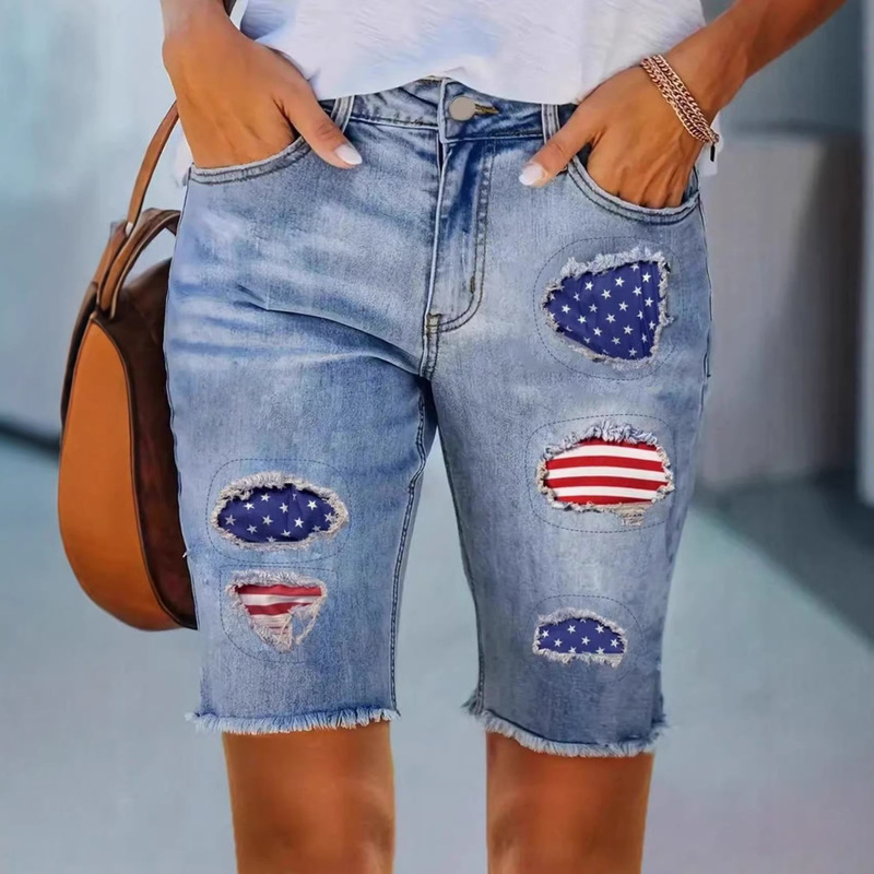 New Women's Denim Bermuda Shorts - Casual Mid-Length Denim Shorts with Patches