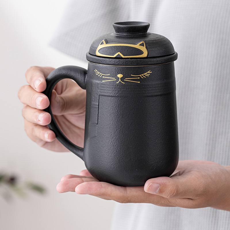暖猫情侣水杯办公室马克杯带盖陶瓷茶水分离泡茶杯子个人专用logo