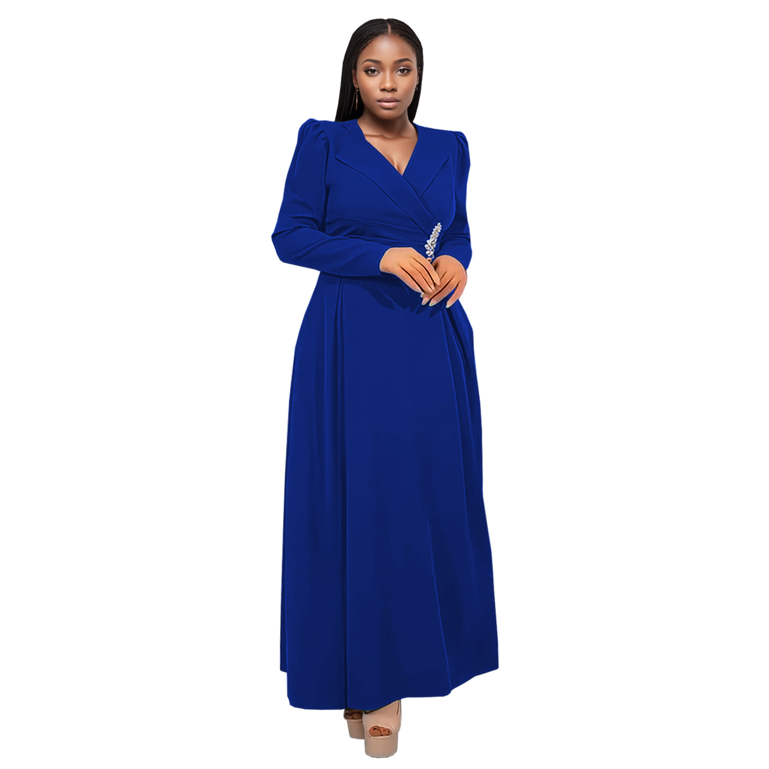 C7411 Cross-border AliExpress Amazon Moda europea y americana Vestido de manga larga con solapa cruzada