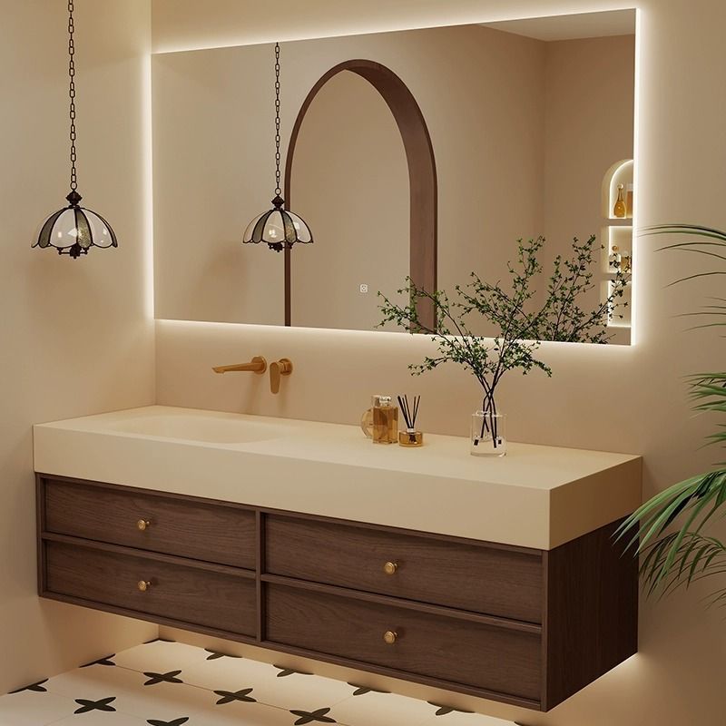 中古风卫生间洗漱台洗手洗脸池岩板热弯无缝一体盆浴室柜组合