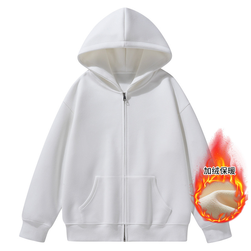 White Hooded Zip-Up Sweatshirt, Loose Cotton Cardigan for Autumn and Winter, Kangaroo Pocket Casual Top, Fleece-Lined, Versatile and Trendy