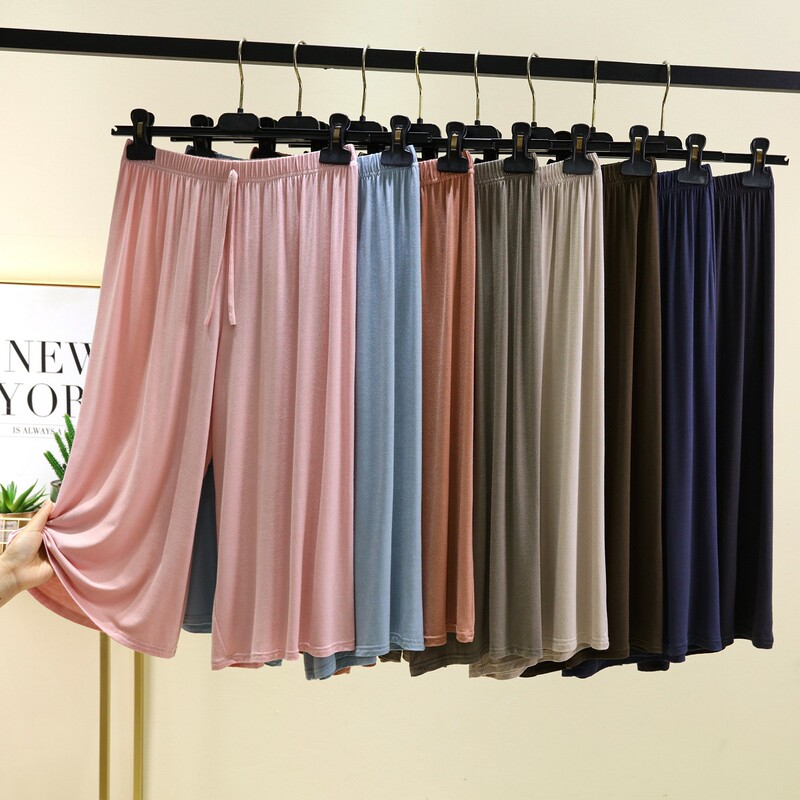 Summer Elastic Waist Drawstring Cropped Wide-Leg Pants, Loose Fit, Slimming, Versatile Casual Pants, Modal Simple Home Pants