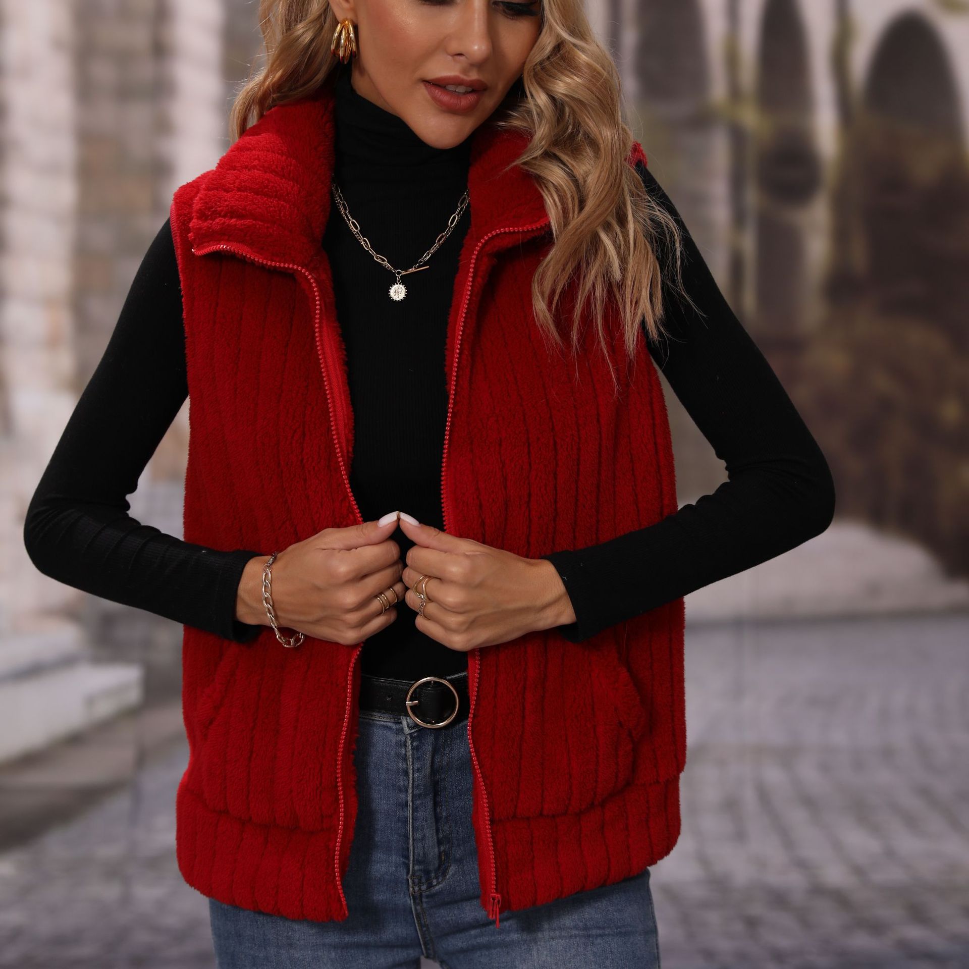 Flash Fleece Cross-border European and American Fashion Autumn Women's Clothing Lapel Sleeveless Loose Striped Zipper Plush Casual Vest Jacket