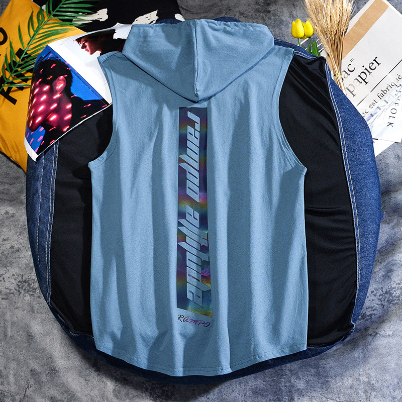 T-shirt senza maniche in cotone di cotone Xinjiang a fiocco lungo gilet maschile marea marca laser riflettente con cappuccio sciolto taglie forti T-shirt marea_voghion.com