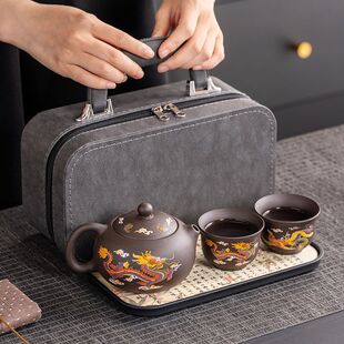 Purple Clay Travel Tea Set with One Pot and Two Cups, Water-Breaking Phoenix Singing Xishi Pot, Convenient Camping Tea Brewing Gift Customization