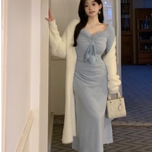大码女装秋季新款法式气质针织长袖收腰修身打底长裙连衣裙
