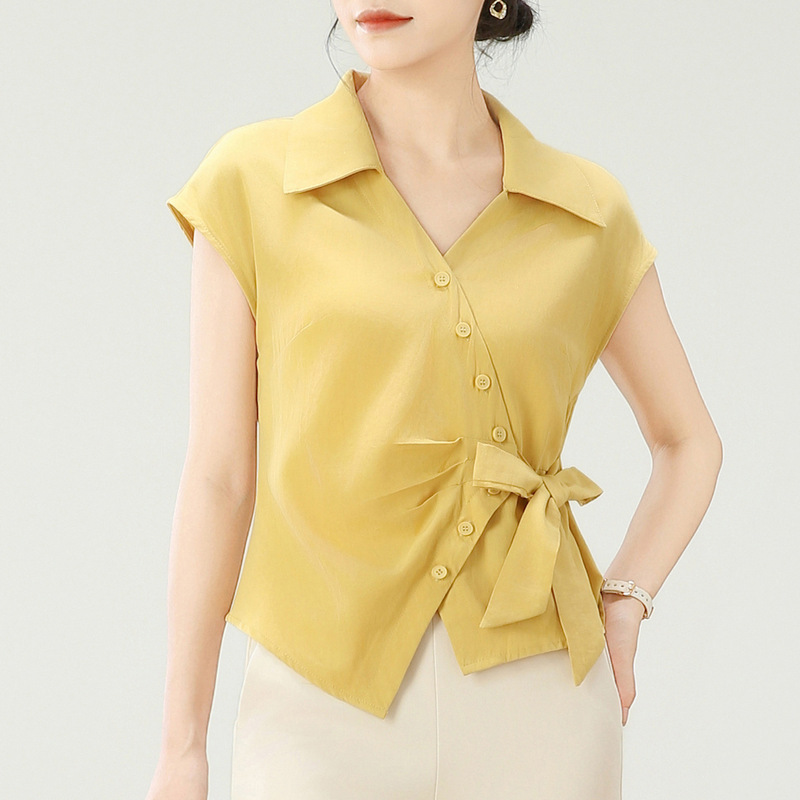 Western Style Polo Cardigan Short-Sleeved Shirt for Women Summer 2025 New Knotted Shirt to Cover Belly and Slimming Look Top