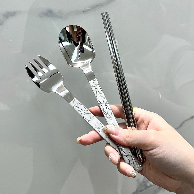 304 ステンレス鋼のポータブル食器セット韓国スプーンフォーク箸 3 点セット学生アウトドア旅行セット|undefined