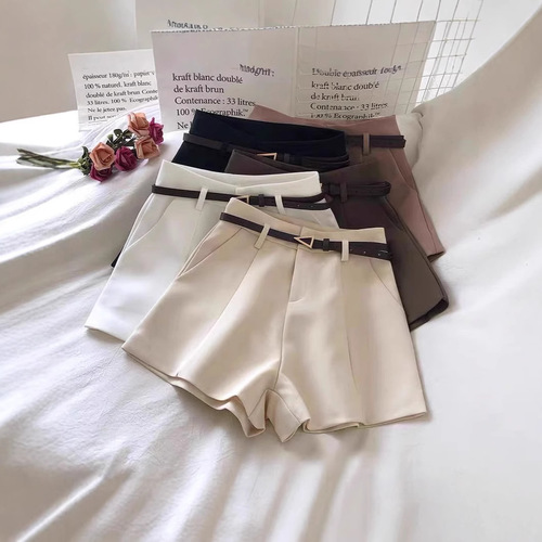 Chic white apricot-colored pants with a belt, women's 2025 spring outerwear, wide-leg, slimming, versatile, A-line, simple and casual.