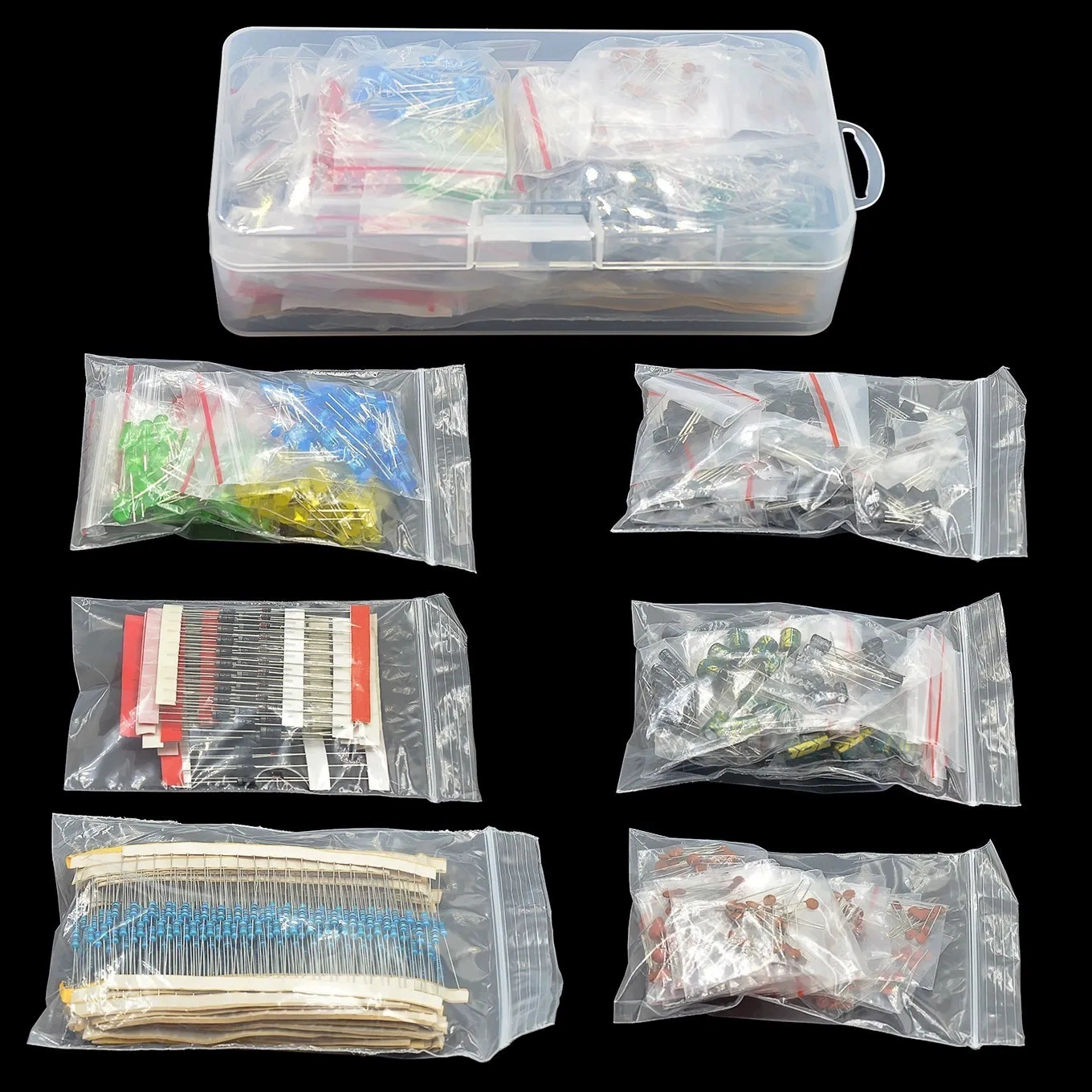 Seven Kinds of Component Sets, Resistor Packs, Electrolytic Capacitor Packs, Led Light-Emitting Diode Packs, Transistor Packs, Ceramic Capacitor Packs