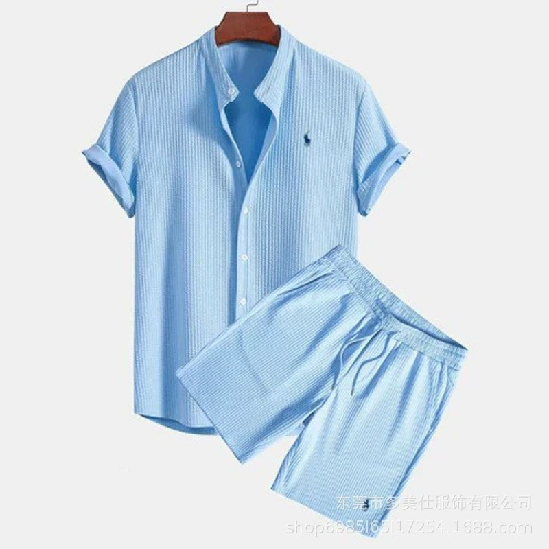 European and American Cross-Border Summer Amazon Aliexpress Men's Shirts Casual Loose Short-Sleeved Shorts Ice Silk Suit for Men European and American Cross-Border Summer Amazon Aliexpress Men's Shirts Casual Loose Short-Sleeved Shorts Ice Silk Suit for Men