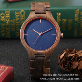跨境手表 全胡桃木蓝面复古简约石英腕表 男士时尚运动木质手表