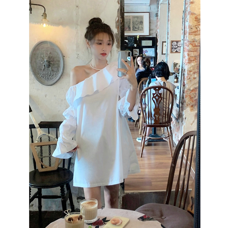 Spring Style Ruffle Irregular Off-shoulder Long-sleeved Dress Female Autumn Niche Scheming Slimming Meat-covering Skirt