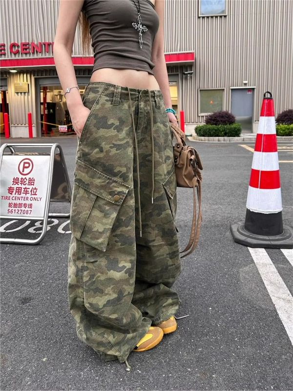 辣妹迷彩潮酷阔腿工装裤女早秋新款美式复古抽绳拖地牛仔长裤|undefined