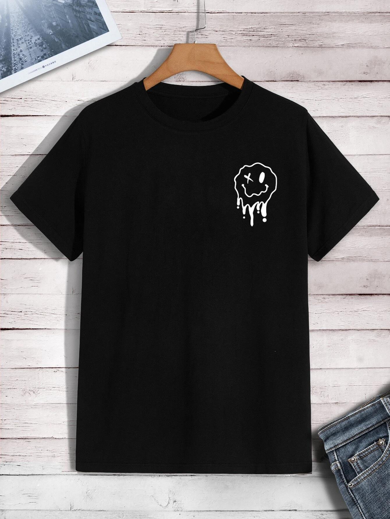 Una cara sonriente divertida, a punto de derretir la camiseta impresa, camiseta de gran tamaño de moda para hombres, abrigo de algodón de verano, descanso suelto