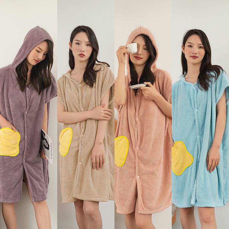 New Bath Towel Wearable Cloak One-piece Hooded Bath Skirt Bathrobe Bathrobe Home Short-sleeved Coral Fleece Hooded Skirt