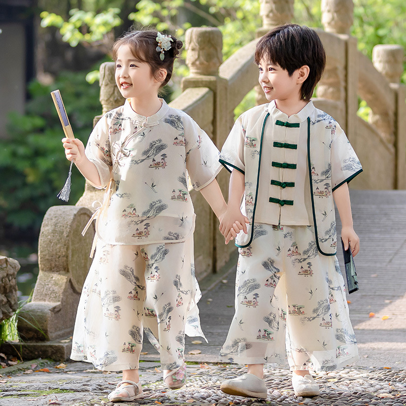 Children's Hanfu Set, Boys' and Girls' Chinese Style Performance Clothes, Summer, Exquisite Chinese Style Short Sleeve Tangzhuang, Ancient Costume for Girls