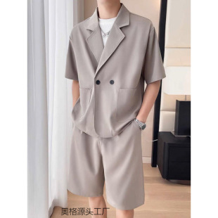Trendy Brand Ice Silk Quarter-Sleeve Suit Men's Summer Thin Casual Small Suit Short-Sleeved Shorts Handsome Two-Piece Set