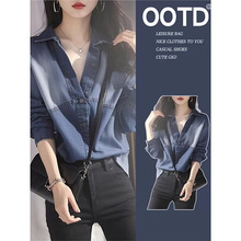 2025春季洋气独特别致漂亮法式减龄轻奢小众高级感蓝色牛仔衬衫女