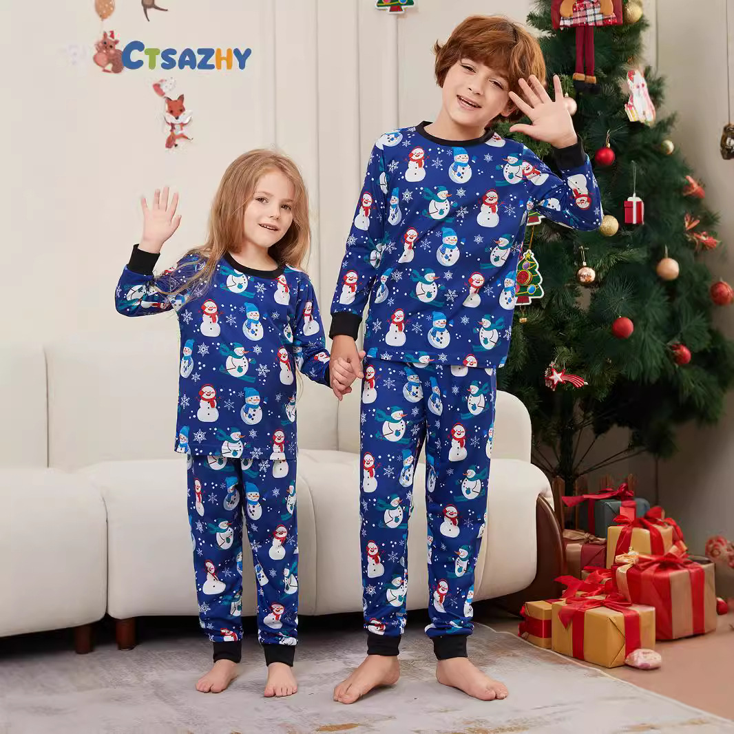 Weihnachten schneemann schnee hut plaid Weihnachten eltern-kind-anzug gedruckt homewear_voghion.com