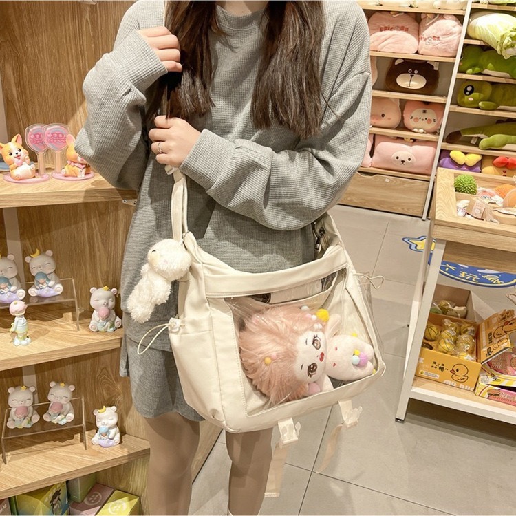 일본 투명 배지 통증 가방 새로운 대용량 와이드 로프 크로스 바디 백 3 사용 단일 어깨 소녀 솔리드 컬러 플립 백