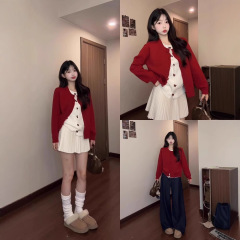 显白针织开衫穿搭圆领蝴蝶结红色外套女款2025新款春秋款外搭毛衣