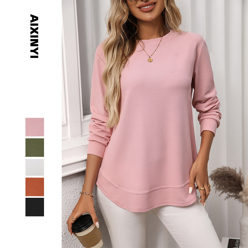 2025 Amazon Women's Autumn and Winter New Cross-Border European and American Loose Waffle Casual Versatile T-Shirt Knitted Long Sleeves