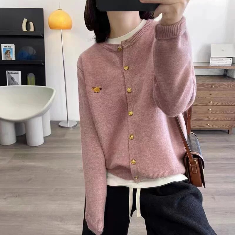 Embroidered Pony Wool Sweater Round Neck Metal Buckle Casual Soft Waxy Cashmere Knitted Cardigan New Sweater Jacket Top