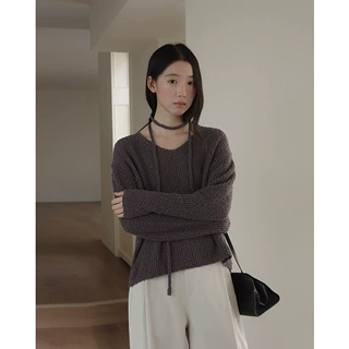 EVERTRUE 2026春季韩版V领针织毛衣女装系脖子长袖外套上衣35302
