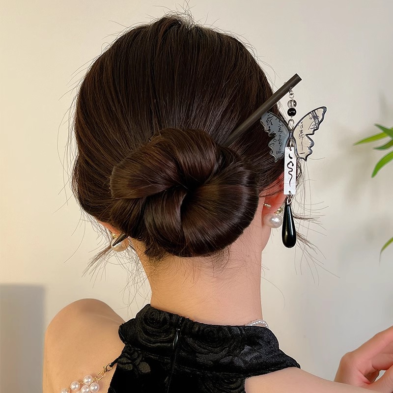 Pinzas de cabello de madera de madera negra antiguo estilo femenino de alta calidad nuevo estilo chino bordilla de cabello de cabello de caballo de estilo Hanfu paso de caballo de cabeza de falda