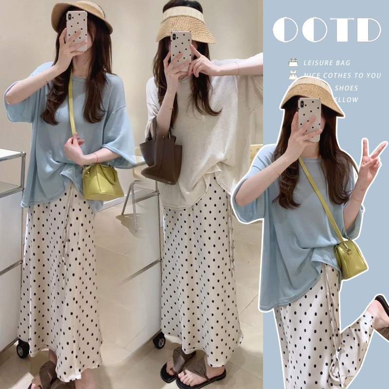 Real Shot~ Maternity Summer Ice Silk Linen Knit Top + Satin Polka Dot Skirt Two-Piece Set