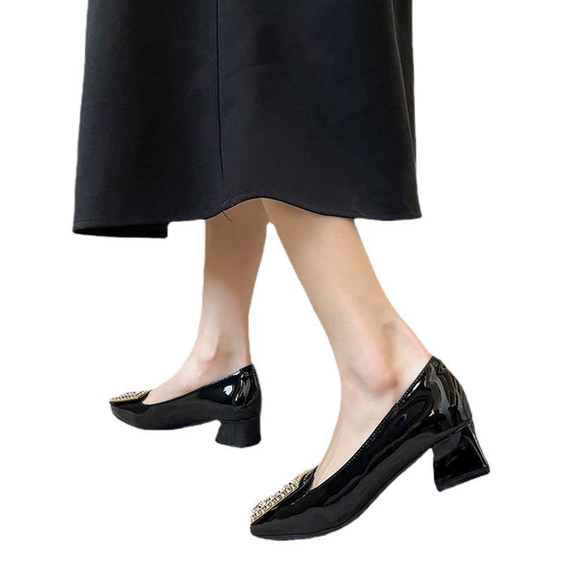 2022 nuevos zapatos de primavera para mujer, estilo coreano de todo fósforo, diamantes de imitación, hebilla cuadrada, temperamento, zapatos de mujer, tacón grueso, punta redonda, tacones altos negros