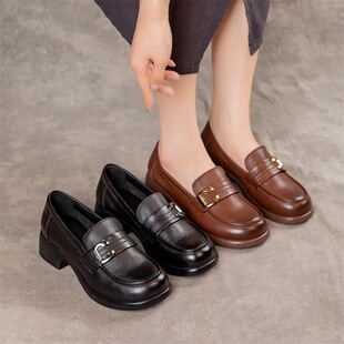2025 Spring New British Small Leather Shoes Deep Mouth Thick Heel Loafers Non-Slip Easiest for Match Work Shoes Round Toe Mom Shoes