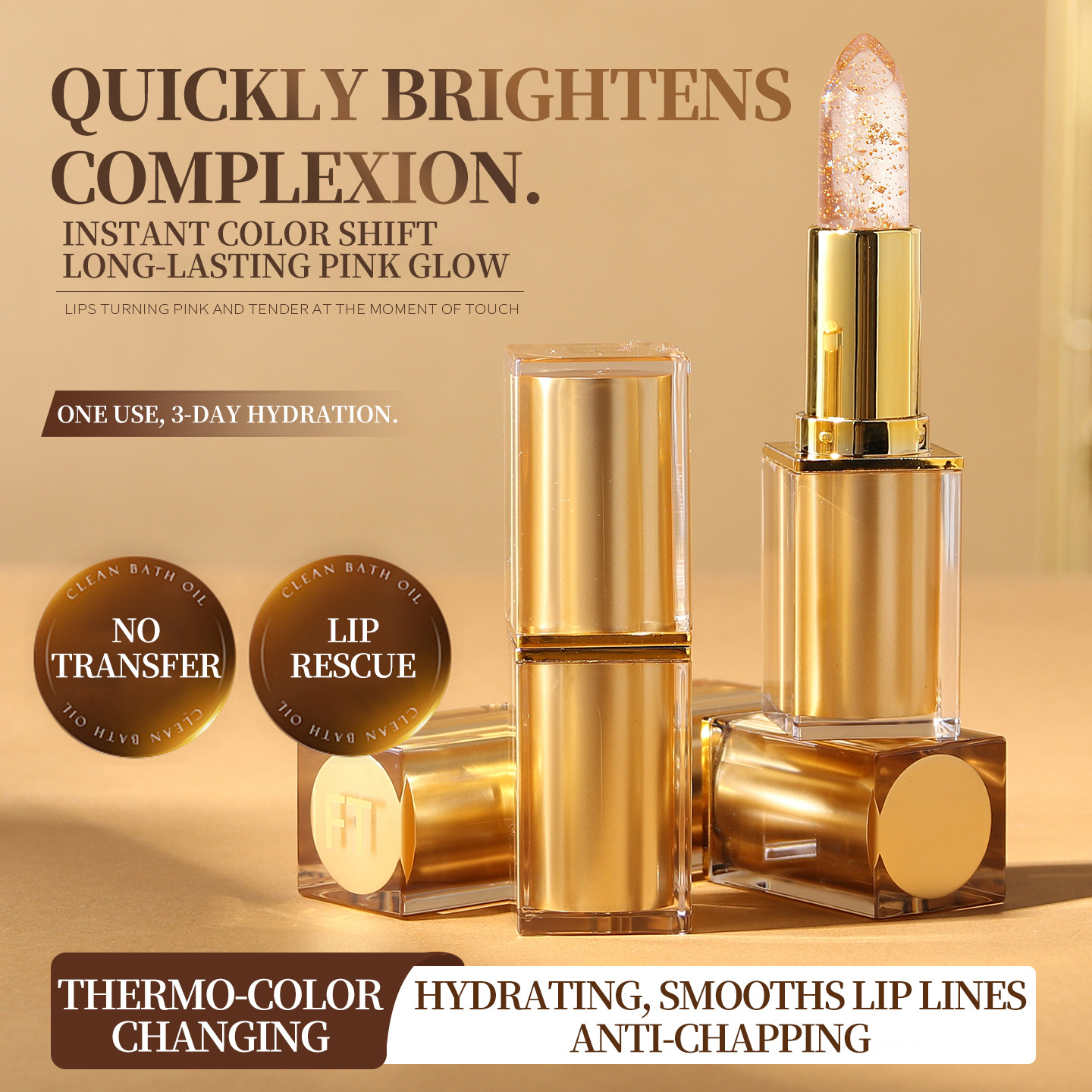 Gold Foil Crystal Temperature-Changing Lipstick, Transparent Jelly Color-Changing Lip Balm, Moisturizing, Non-Stick Cup, Temperature-Changing, Unique Color for Each Person, Manufacturer