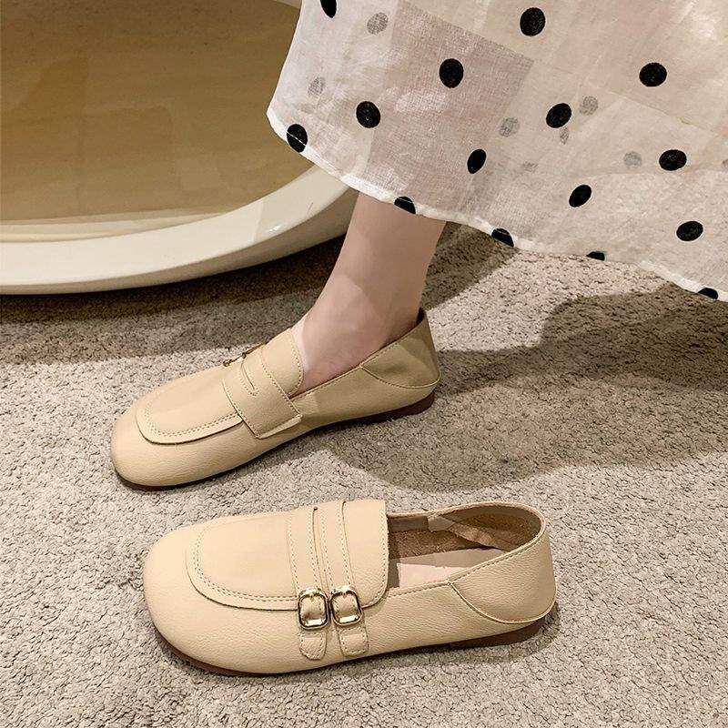 Two-Wear Small Leather Shoes for Women 2025 New Spring & Fall Soft-Soled Beanie Shoes One-Leg Flats Shoes for Pregnant Women Casual Scoop Shoes