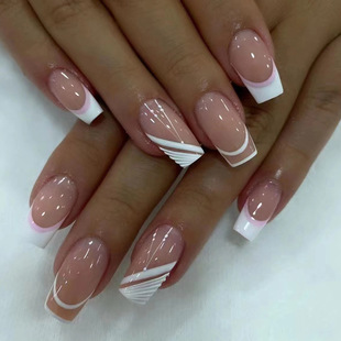Cross-Border Fake Nails, Nail Patches, Nude French Manicure, Short Square European-Style Fake Nails, Press-On Nails, Ins Style