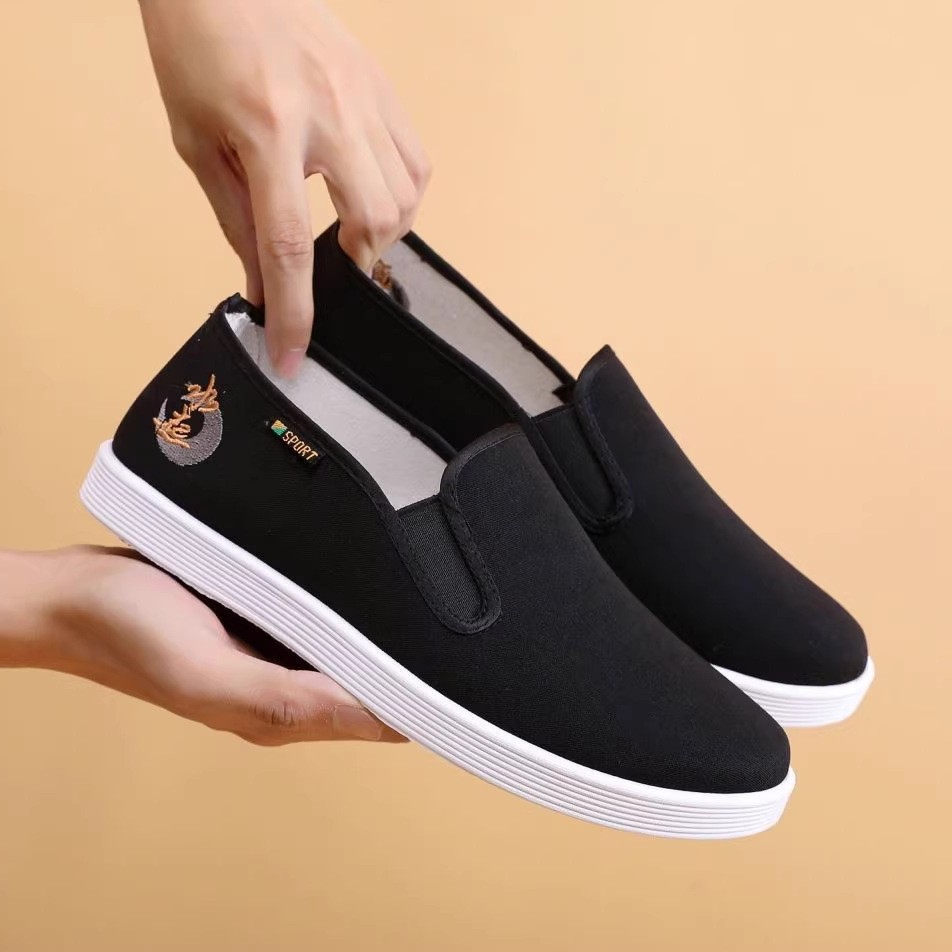 Old Beijing Men's Shoes Summer Embroidered Cloth Shoes Breathable Sweat-Absorbent Non-Slip Wear-Resistant Soft Sole Elastic Low-Cut Slip-On Shoes