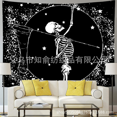 波西米亚嬉皮士挂毯黑色骷髅黑白艺术挂毯挂布床头装饰布骨架挂毯|ru