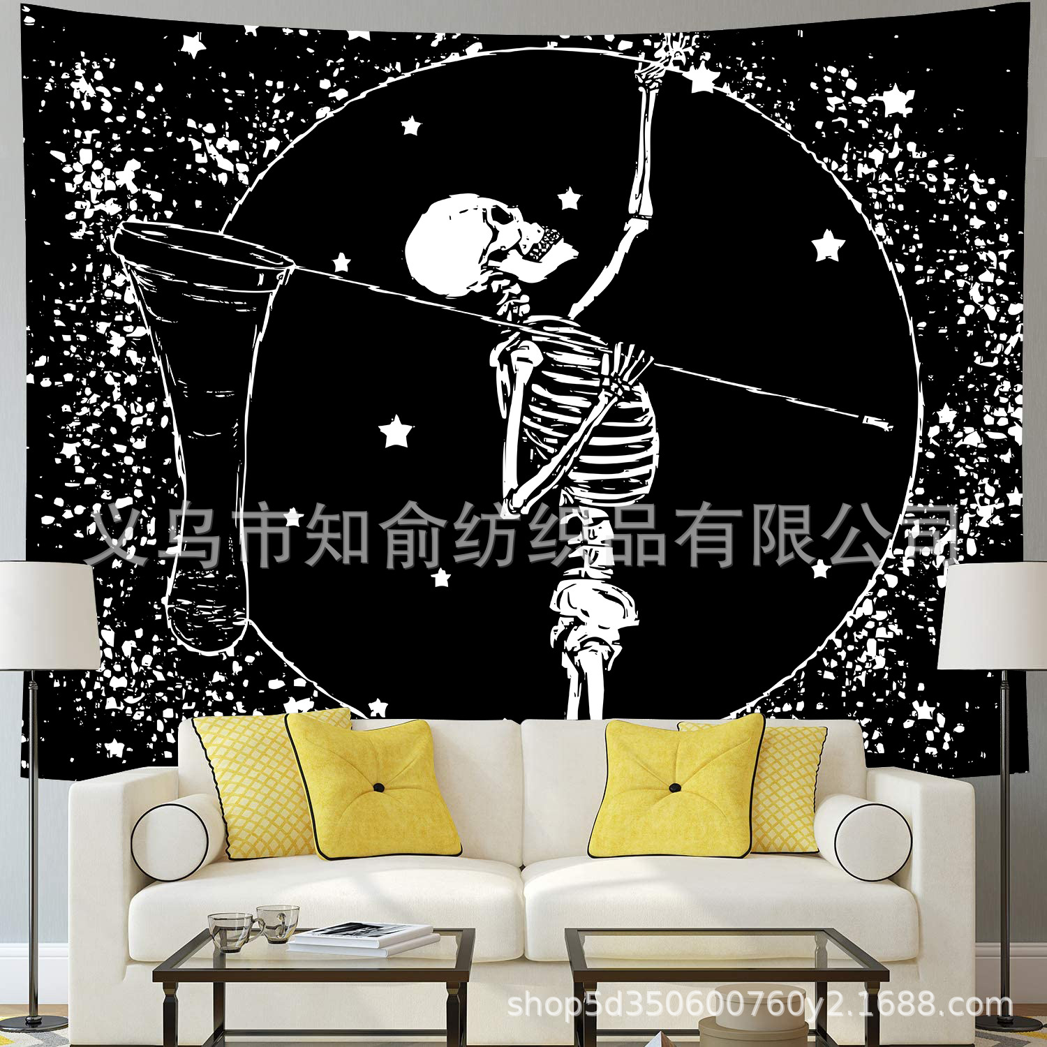 波西米亚嬉皮士挂毯黑色骷髅黑白艺术挂毯挂布床头装饰布骨架挂毯|ru
