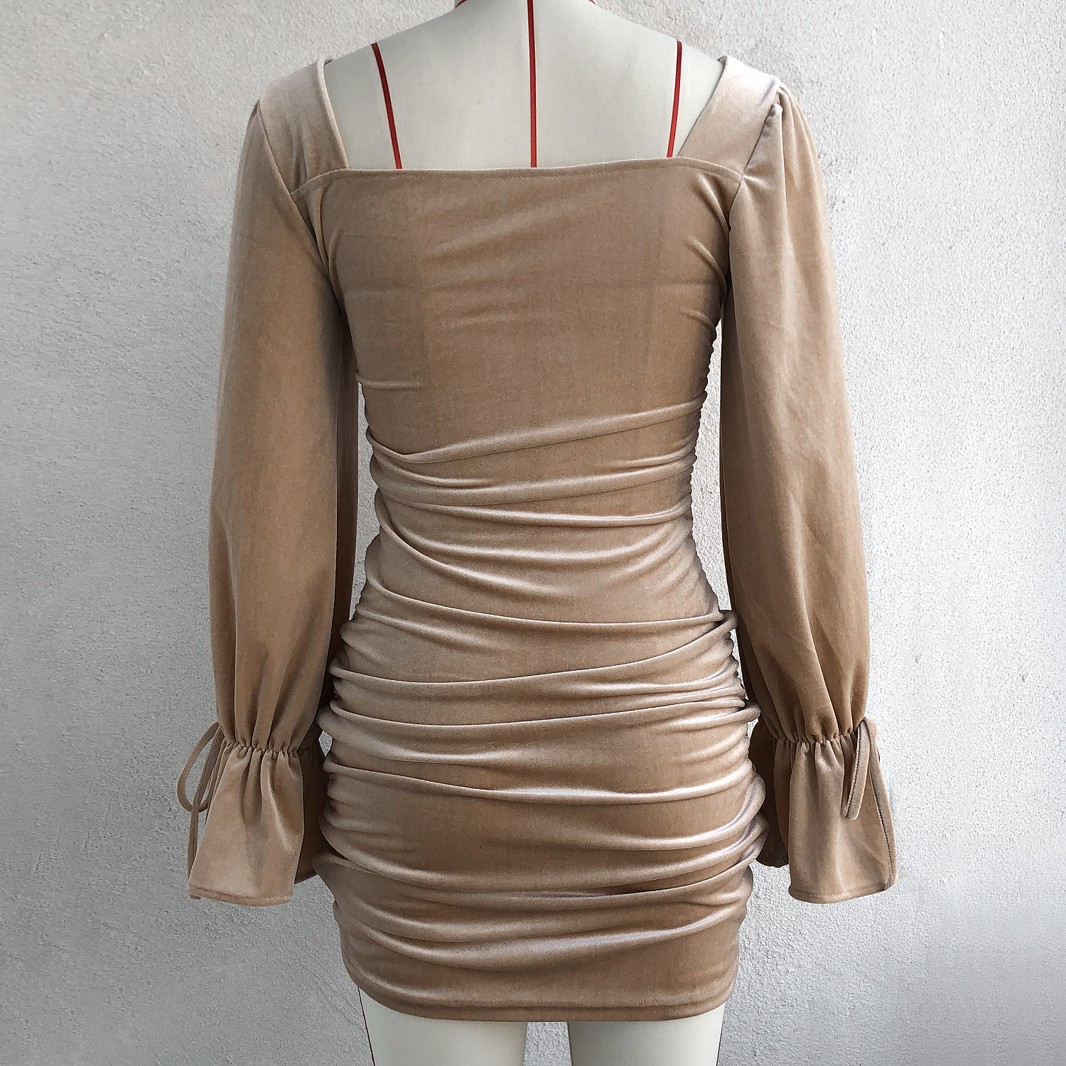 Women Clothing Fall Winter Bell Sleeve off-Neck Velvet Sheath Dress