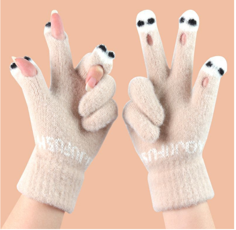 Dou fish 터치 스크린 Dew 3 손가락 장갑 [베이지 1 페어]