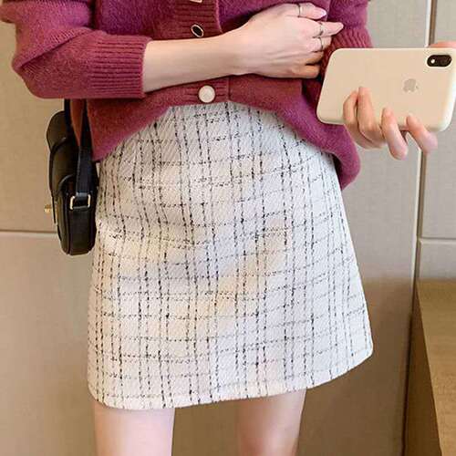 chanel style plaid wool skirt women's autumn and winter dress new fashionable high-waist all-matching hip skirt