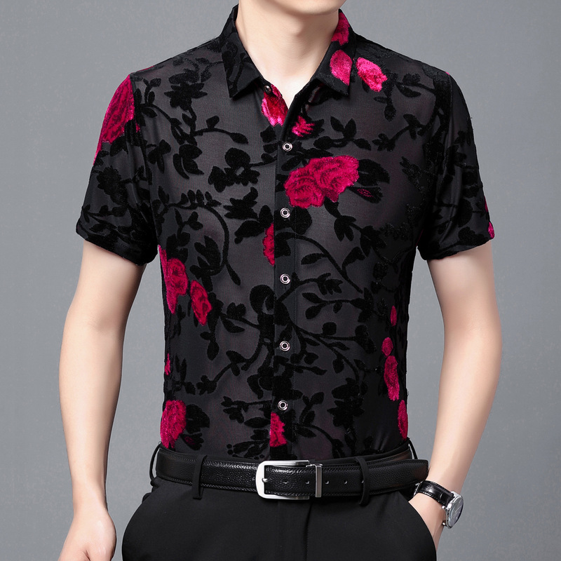 Hollow-Out Jacquard Semi-Transparent Shirt for Men, High-End Trendy Casual Top, Short-Sleeve Cardigan, Hong Kong Style Floral Shirt for Men, Summer