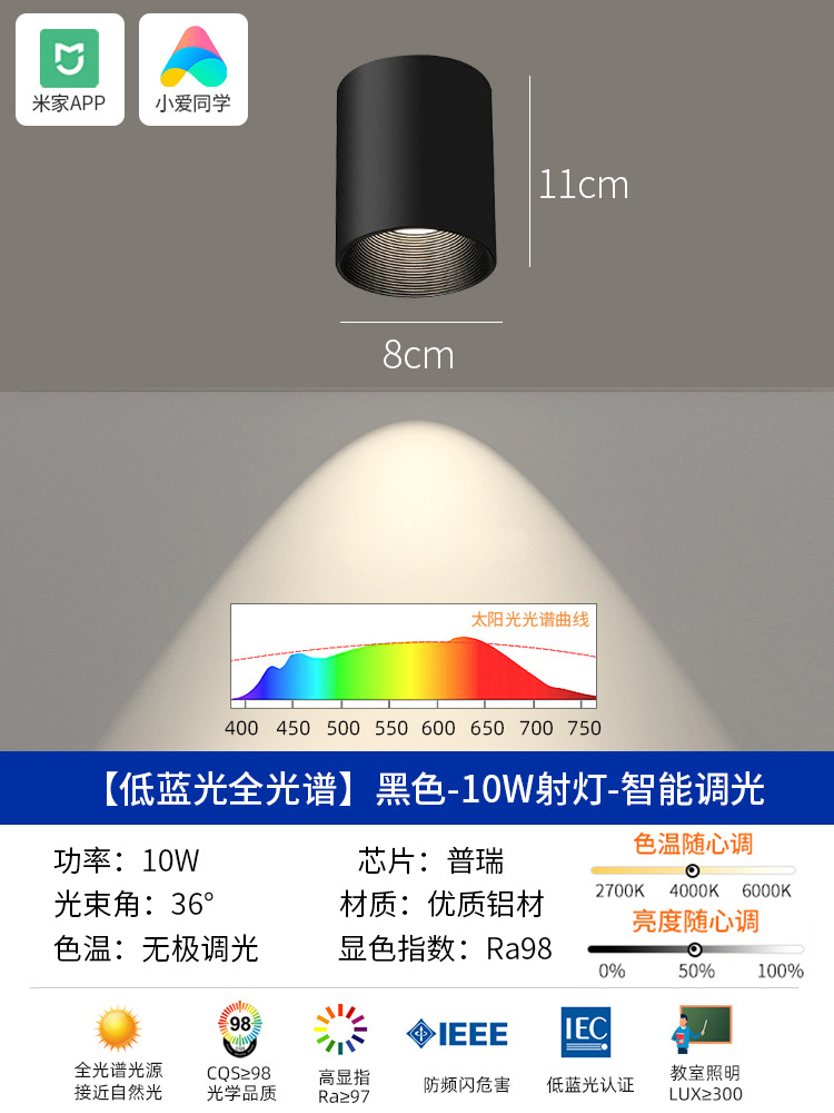 All-aluminum surface-mounted spotlight 12w [all black] to access mijia app
