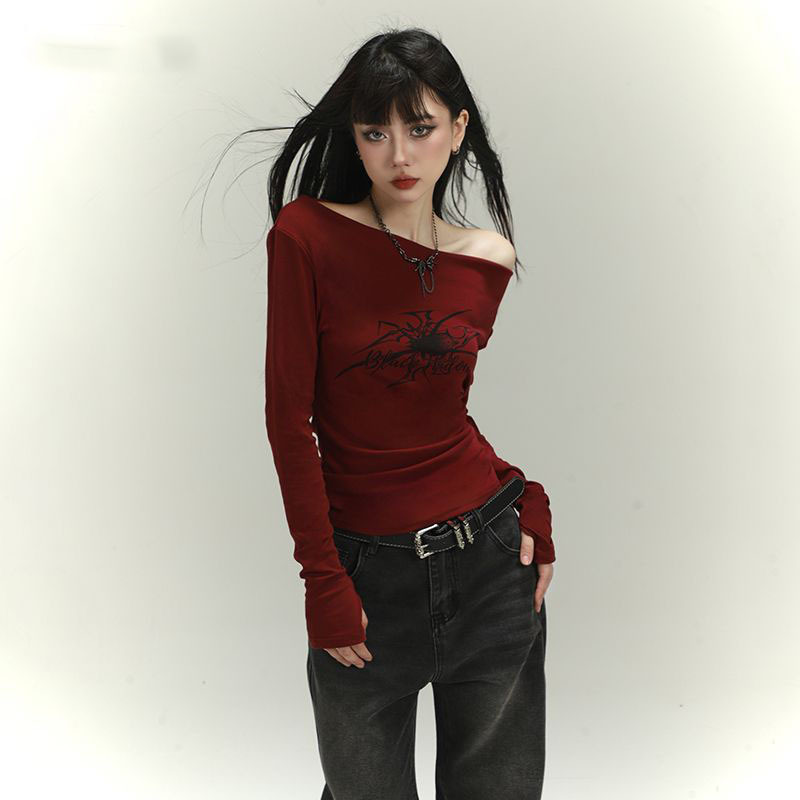 Autumn and Winter New Spice Girls Slim-fit Slim-fit Wear 2025 Chic Sweet and Spicy Shoulder Crossover Shoulder Top Women's Long-sleeved T-shirt