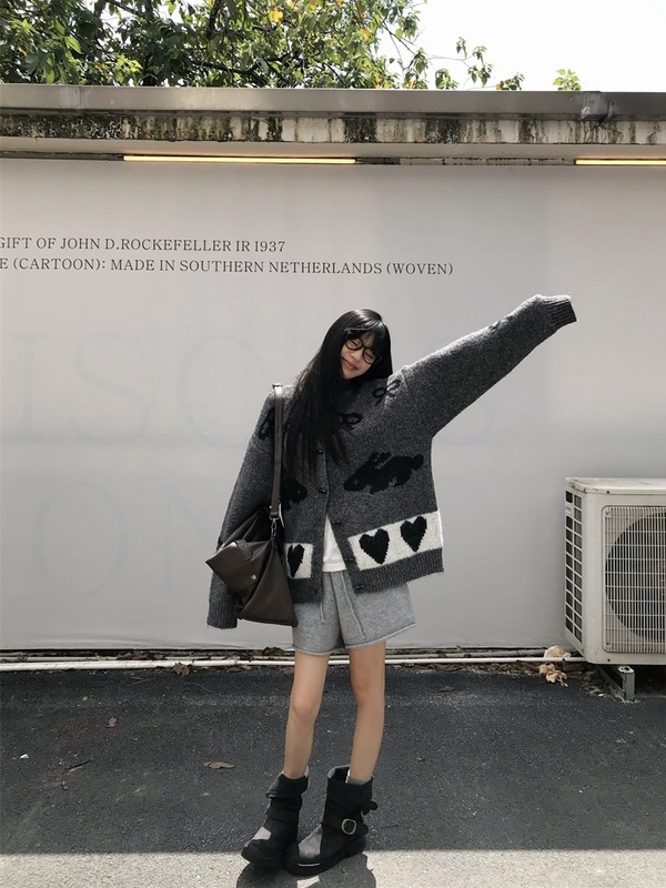 慵懒风撞色图案加厚毛衣外套女秋冬2025新款时尚百搭立领长袖上衣|undefined