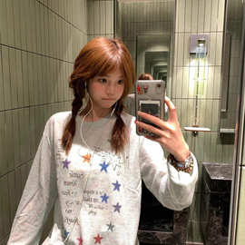 彩色手绘涂鸦长袖T恤女薄款防晒上衣夏季时髦慵懒宽松设计感罩衫