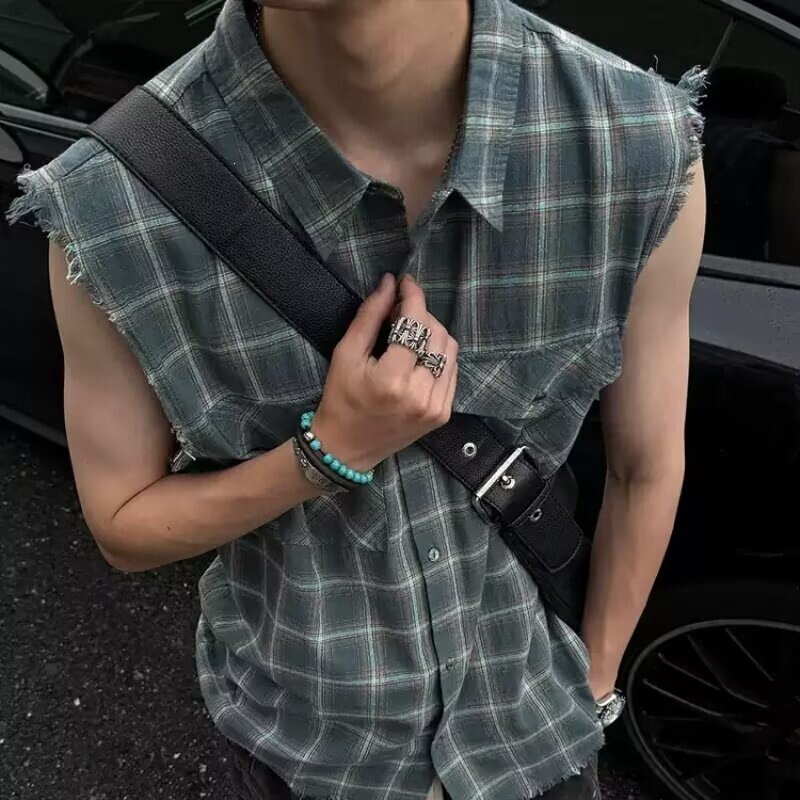 2026 Cross-Border Men's Sleeveless Cardigan Shirt, Loose Plaid Breathable Shirt with Raw Edge Cuffs, All-Weather Trendy Style 2026 Cross-Border Men's Sleeveless Cardigan Shirt, Loose Plaid Breathable Shirt with Raw Edge Cuffs, All-Weather Trendy Style