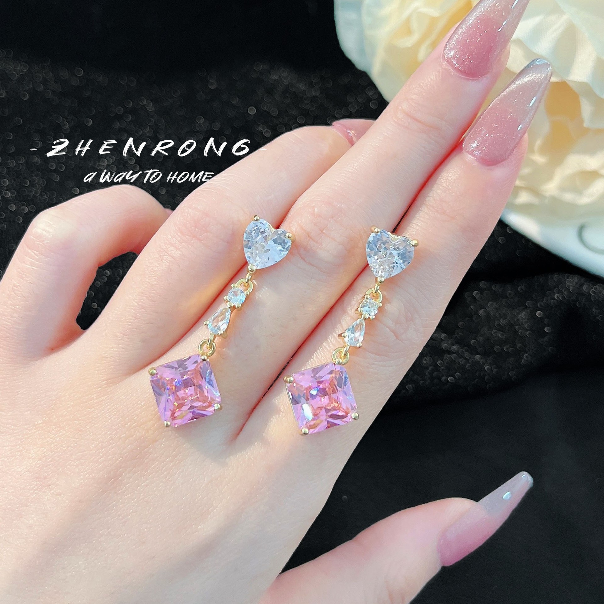 Fashionable sophisticated long geometric square pink-purple earrings…